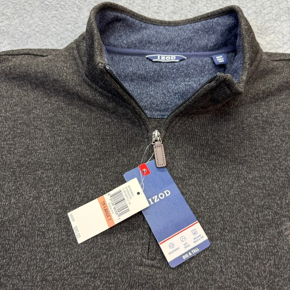 IZOD Quarter Zip Pullover Mens 3XLT Black Heather Big & Tall Soft Sweater NWT